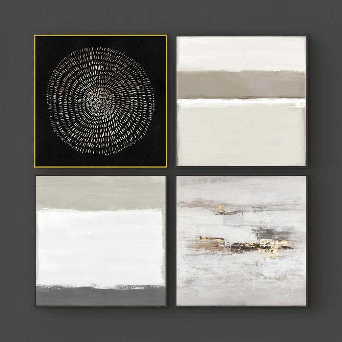 Four pieces of artwork mounted on a wall as a square. Contemporary art on canvas in muted tones