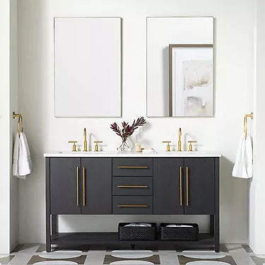 Black double-sink vanity with open bottom shelf, 4 cupboards and 3 center drawers with gold hardware and fixtures from Great Kitchens & Appliances