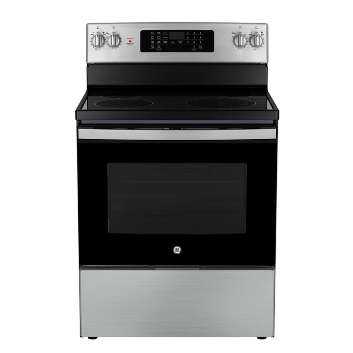 GE 30 inch Free Standing Electric Convection Range with No-preheat Air Fry - JCB830STSS, stainless steel finish.