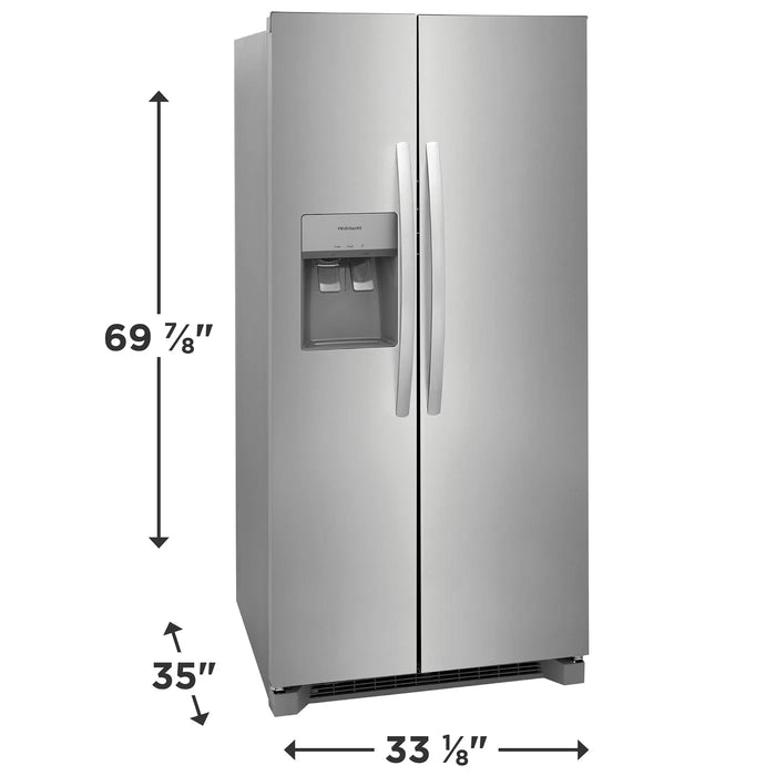 Frigidaire stainless steel side by side refrigerator with 22.2 cu. ft. capacity and 33-inch width.