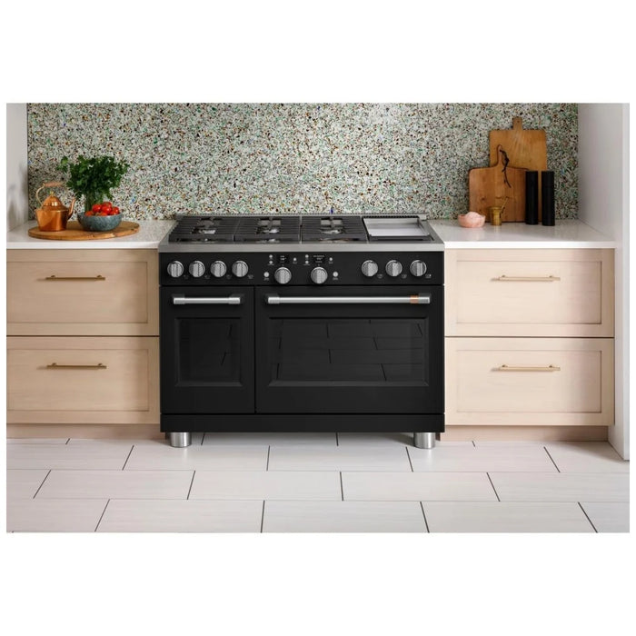Cafe C2Y486P3TD1 Dual Fuel Range, 8.25 cu. ft. Capacity, 48 inch Exterior Width, Convection, 6 Burners, Air Fry, Self Clean, Double Oven, Matte Black colour 6 Sealed Burners, Griddle, Telescopic Gliding Extension Rack, Temperature Probe, Self Clean Racks