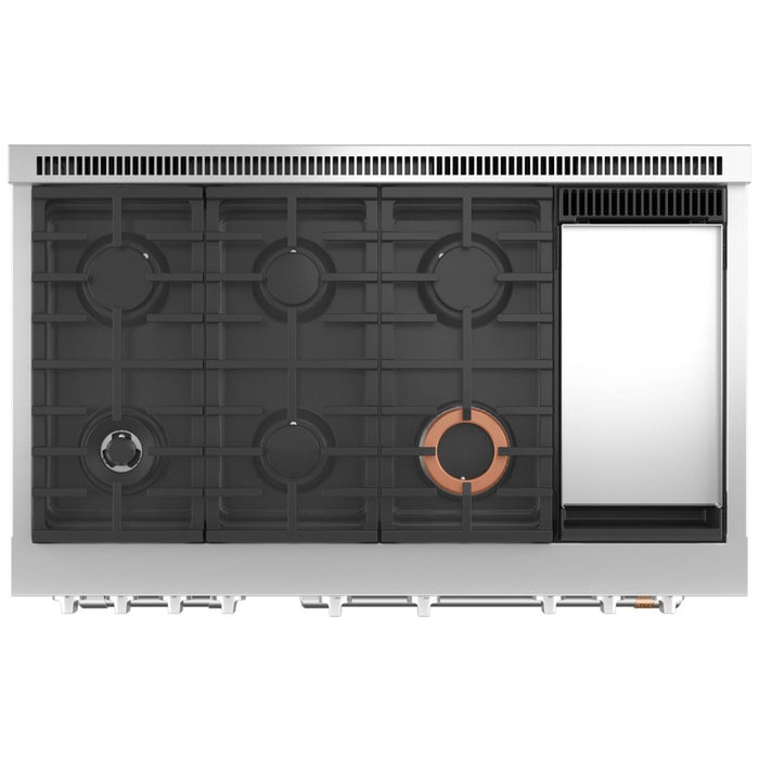 Cafe C2Y486P3TD1 Dual Fuel Range, 8.25 cu. ft. Capacity, 48 inch Exterior Width, Convection, 6 Burners, Air Fry, Self Clean, Double Oven, Matte Black colour 6 Sealed Burners, Griddle, Telescopic Gliding Extension Rack, Temperature Probe, Self Clean Racks