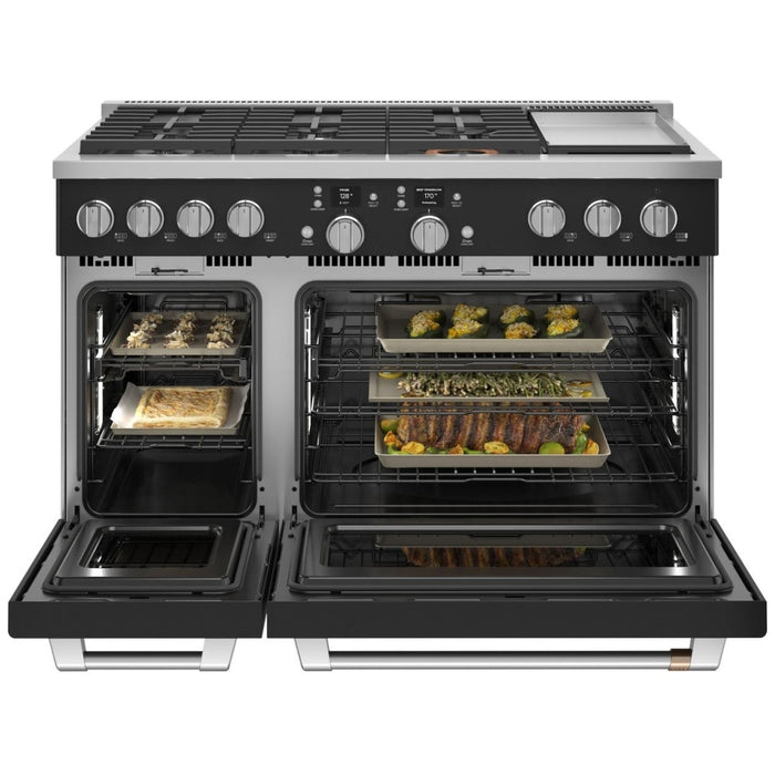Cafe C2Y486P3TD1 Dual Fuel Range, 8.25 cu. ft. Capacity, 48 inch Exterior Width, Convection, 6 Burners, Air Fry, Self Clean, Double Oven, Matte Black colour 6 Sealed Burners, Griddle, Telescopic Gliding Extension Rack, Temperature Probe, Self Clean Racks