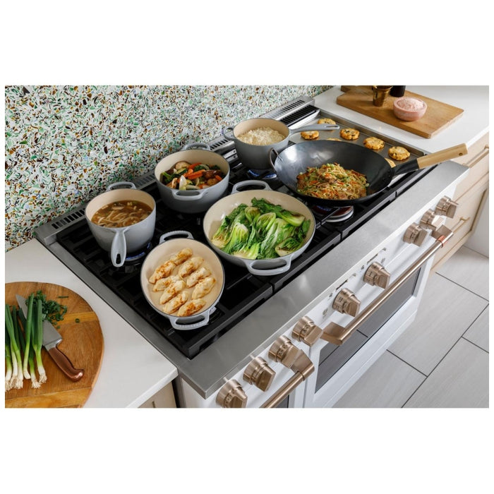 Cafe C2Y486P3TD1 Dual Fuel Range, 8.25 cu. ft. Capacity, 48 inch Exterior Width, Convection, 6 Burners, Air Fry, Self Clean, Double Oven, Matte Black colour 6 Sealed Burners, Griddle, Telescopic Gliding Extension Rack, Temperature Probe, Self Clean Racks