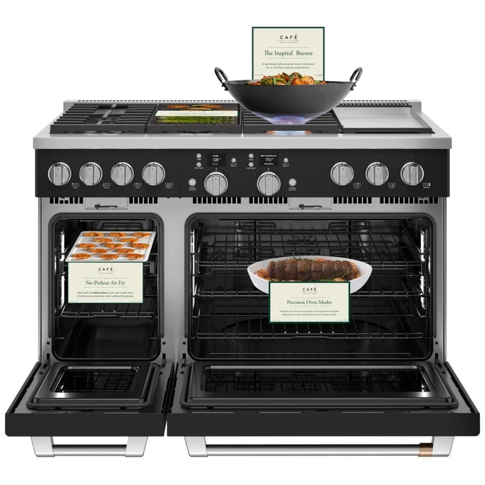Cafe C2Y486P3TD1 Dual Fuel Range, 8.25 cu. ft. Capacity, 48 inch Exterior Width, Convection, 6 Burners, Air Fry, Self Clean, Double Oven, Matte Black colour 6 Sealed Burners, Griddle, Telescopic Gliding Extension Rack, Temperature Probe, Self Clean Racks