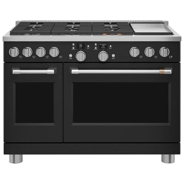 Cafe C2Y486P3TD1 Dual Fuel Range, 8.25 cu. ft. Capacity, 48 inch Exterior Width, Convection, 6 Burners, Air Fry, Self Clean, Double Oven, Matte Black colour 6 Sealed Burners, Griddle, Telescopic Gliding Extension Rack, Temperature Probe, Self Clean Racks