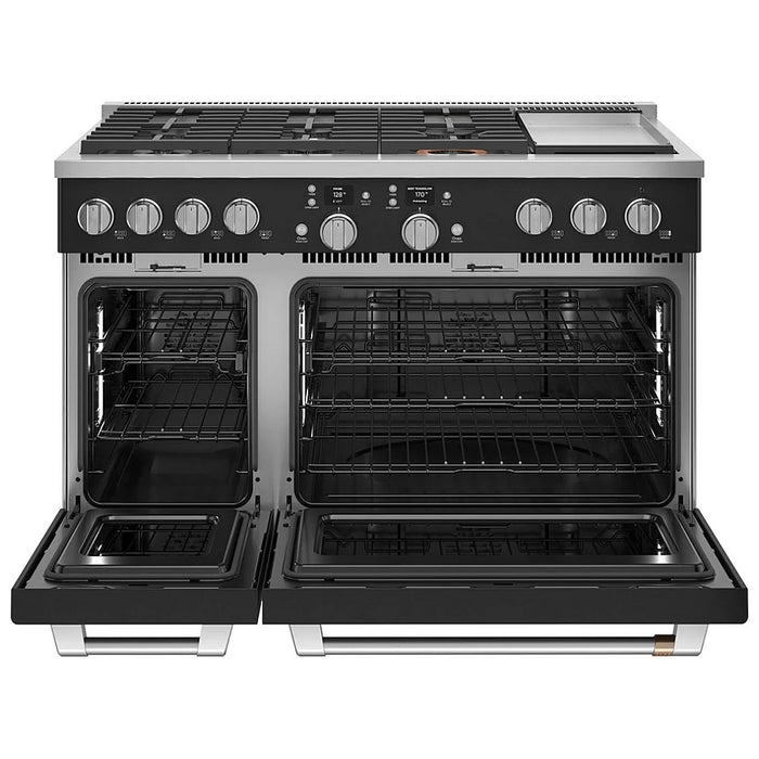 Cafe C2Y486P3TD1 Dual Fuel Range, 8.25 cu. ft. Capacity, 48 inch Exterior Width, Convection, 6 Burners, Air Fry, Self Clean, Double Oven, Matte Black colour 6 Sealed Burners, Griddle, Telescopic Gliding Extension Rack, Temperature Probe, Self Clean Racks