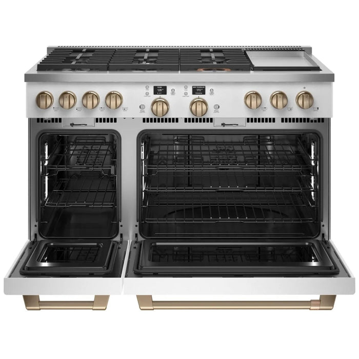 Cafe C2Y486P4TW2 Dual Fuel Range, 8.250 cu. ft. Capacity, 48 inch Exterior Width, Convection, 6 Burners, Air Fry, Self Clean, Double Oven, Matte White colour, SmartHQ™; Griddle, Telescopic Gliding Extension Rack, Temperature Probe, Self Clean Racks