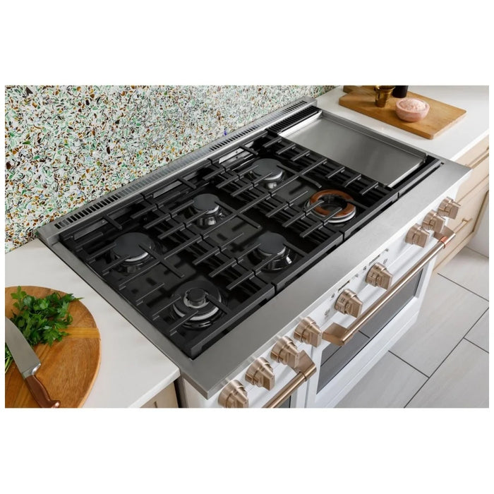 Cafe C2Y486P4TW2 Dual Fuel Range, 8.250 cu. ft. Capacity, 48 inch Exterior Width, Convection, 6 Burners, Air Fry, Self Clean, Double Oven, Matte White colour, SmartHQ™; Griddle, Telescopic Gliding Extension Rack, Temperature Probe, Self Clean Racks