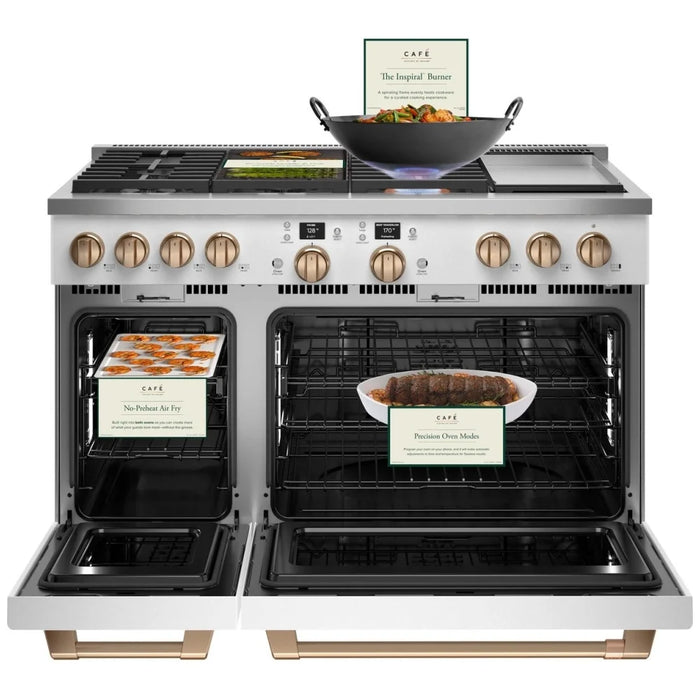 Cafe C2Y486P4TW2 Dual Fuel Range, 8.250 cu. ft. Capacity, 48 inch Exterior Width, Convection, 6 Burners, Air Fry, Self Clean, Double Oven, Matte White colour, SmartHQ™; Griddle, Telescopic Gliding Extension Rack, Temperature Probe, Self Clean Racks