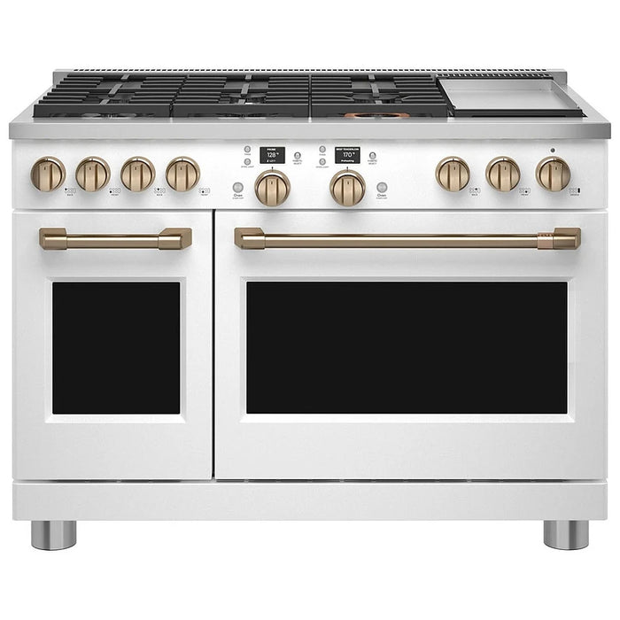 Cafe C2Y486P4TW2 Dual Fuel Range, 8.250 cu. ft. Capacity, 48 inch Exterior Width, Convection, 6 Burners, Air Fry, Self Clean, Double Oven, Matte White colour, SmartHQ™; Griddle, Telescopic Gliding Extension Rack, Temperature Probe, Self Clean Racks
