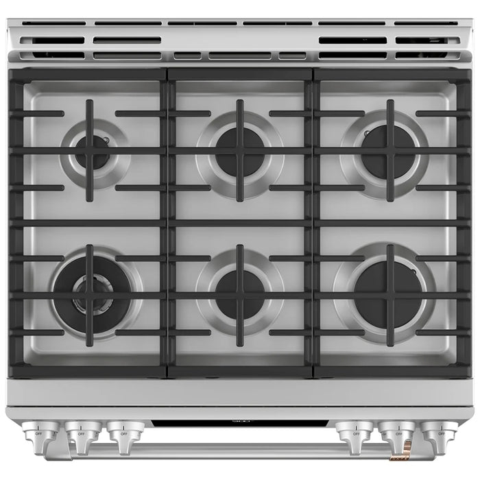 Cafe CC2S900P2MS1 Dual Fuel Range, 5.7 cu. ft. Capacity, 30 inch Exterior Width, True Convection, 6 Burners, Warming Drawer, Air Fry, Self Clean, Stainless Steel colour Telescopic Gliding Extension Rack, True European Convection, Self Clean Racks