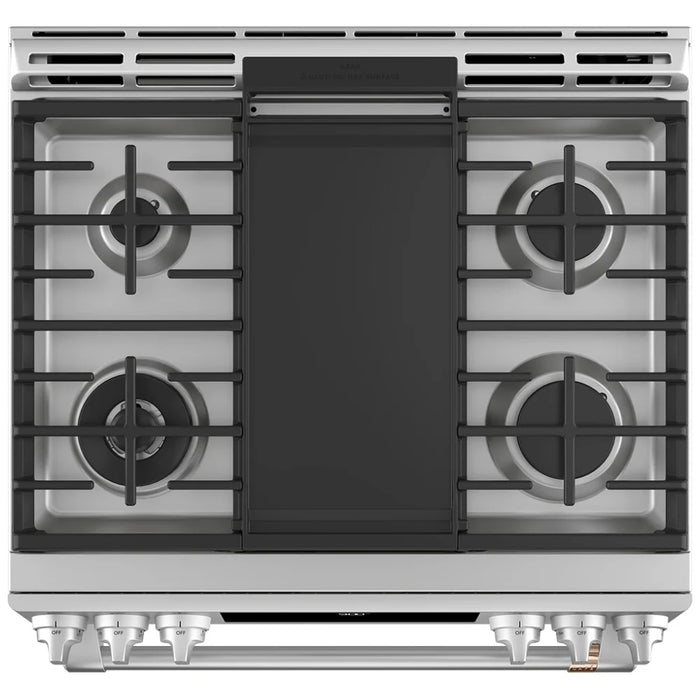 Cafe CC2S900P2MS1 Dual Fuel Range, 5.7 cu. ft. Capacity, 30 inch Exterior Width, True Convection, 6 Burners, Warming Drawer, Air Fry, Self Clean, Stainless Steel colour Telescopic Gliding Extension Rack, True European Convection, Self Clean Racks