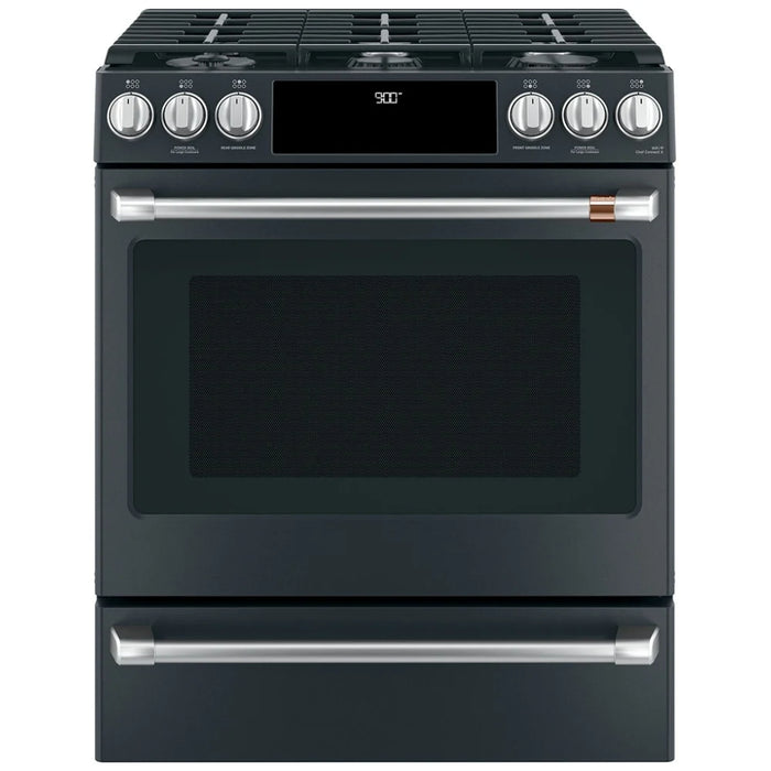 Cafe CC2S900P3MD1 Dual Fuel Range, 5.6 cu. ft. Capacity, 30 inch Exterior Width, True Convection, 6 Burners, Warming Drawer, Self Clean, Matte Black colour Telescopic Gliding Extension Rack, True European Convection, Temperature Probe, Self Clean Racks