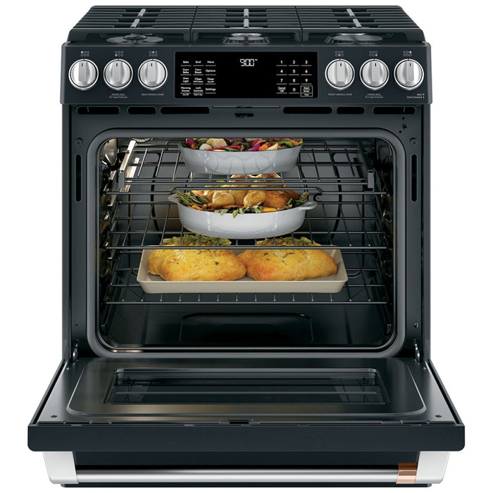 Cafe CC2S900P3MD1 Dual Fuel Range, 5.6 cu. ft. Capacity, 30 inch Exterior Width, True Convection, 6 Burners, Warming Drawer, Self Clean, Matte Black colour Telescopic Gliding Extension Rack, True European Convection, Temperature Probe, Self Clean Racks