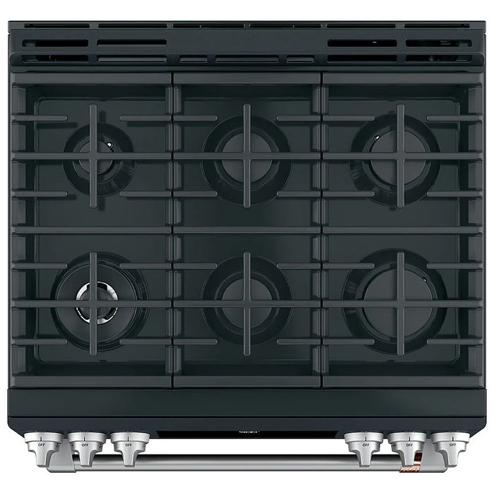 Cafe CC2S900P3MD1 Dual Fuel Range, 5.6 cu. ft. Capacity, 30 inch Exterior Width, True Convection, 6 Burners, Warming Drawer, Self Clean, Matte Black colour Telescopic Gliding Extension Rack, True European Convection, Temperature Probe, Self Clean Racks