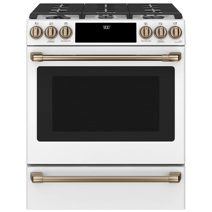 Cafe CC2S900P4MW2 Dual Fuel Range, 5.7 cu. ft. Capacity, 30 inch Exterior Width, True Convection, 6 Burners, Warming Drawer, Self Clean, Matte White colour Telescopic Gliding Extension Rack, True European Convection,Temperature Probe, Self Clean Racks