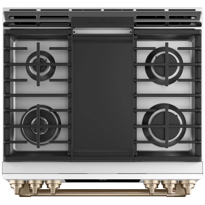Cafe CC2S900P4MW2 Dual Fuel Range, 5.7 cu. ft. Capacity, 30 inch Exterior Width, True Convection, 6 Burners, Warming Drawer, Self Clean, Matte White colour Telescopic Gliding Extension Rack, True European Convection,Temperature Probe, Self Clean Racks