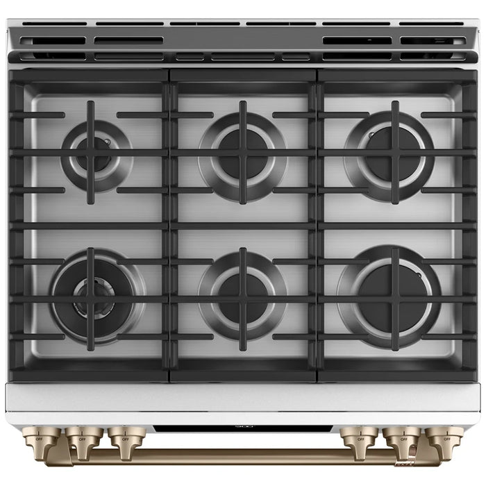 Cafe CC2S900P4MW2 Dual Fuel Range, 5.7 cu. ft. Capacity, 30 inch Exterior Width, True Convection, 6 Burners, Warming Drawer, Self Clean, Matte White colour Telescopic Gliding Extension Rack, True European Convection,Temperature Probe, Self Clean Racks