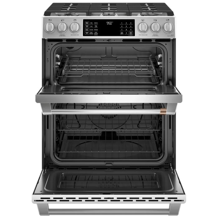 Cafe CC2S950P2MS1 Dual Fuel Range, 6.7 cu. ft. Capacity, 30 inch Exterior Width, Convection, 6 Burners, Air Fry, Self Clean, Double Oven, Stainless Steel colour Telescopic Gliding Extension Rack, Temperature Probe, Self Clean Racks