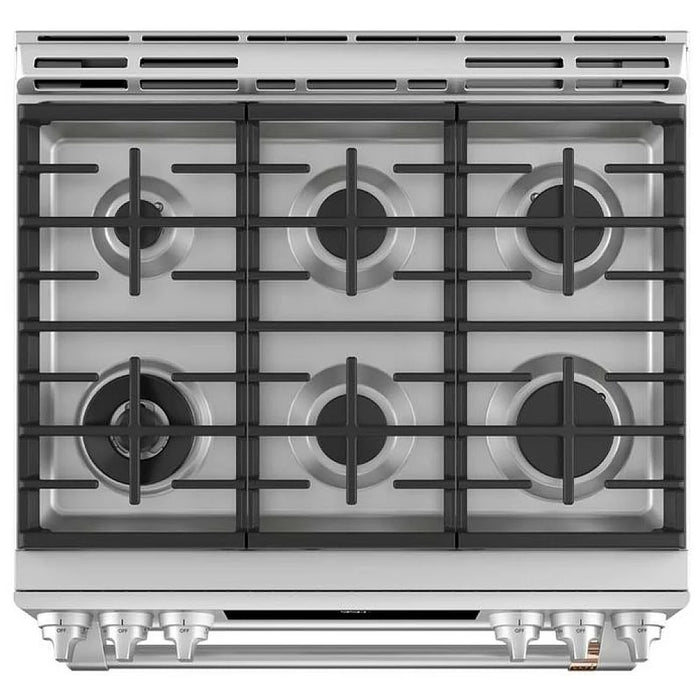 Cafe CC2S950P2MS1 Dual Fuel Range, 6.7 cu. ft. Capacity, 30 inch Exterior Width, Convection, 6 Burners, Air Fry, Self Clean, Double Oven, Stainless Steel colour Telescopic Gliding Extension Rack, Temperature Probe, Self Clean Racks