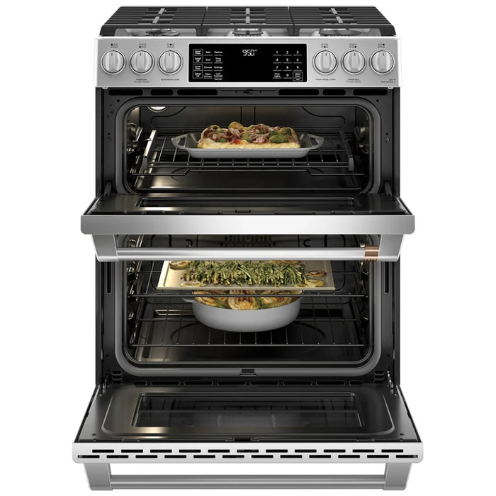 Cafe CC2S950P2MS1 Dual Fuel Range, 6.7 cu. ft. Capacity, 30 inch Exterior Width, Convection, 6 Burners, Air Fry, Self Clean, Double Oven, Stainless Steel colour Telescopic Gliding Extension Rack, Temperature Probe, Self Clean Racks