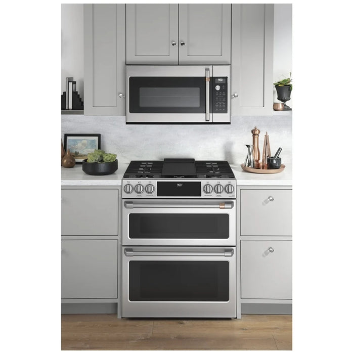 Cafe CC2S950P2MS1 Dual Fuel Range, 6.7 cu. ft. Capacity, 30 inch Exterior Width, Convection, 6 Burners, Air Fry, Self Clean, Double Oven, Stainless Steel colour Telescopic Gliding Extension Rack, Temperature Probe, Self Clean Racks