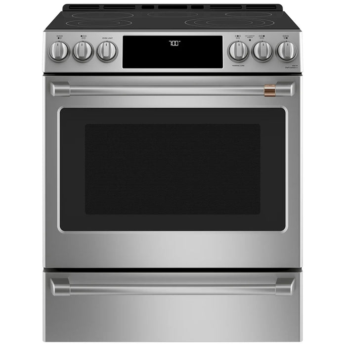 Cafe CCES700P2MS1 Electric Range, 5.7 cu. ft. Capacity, 30 inch Exterior Width, True Convection, 5 Burners, Warming Drawer, Air Fry, Self Clean, 3,600 Watts Highest Burner Element, Stainless Steel colour, Telescopic Gliding Extension Rack