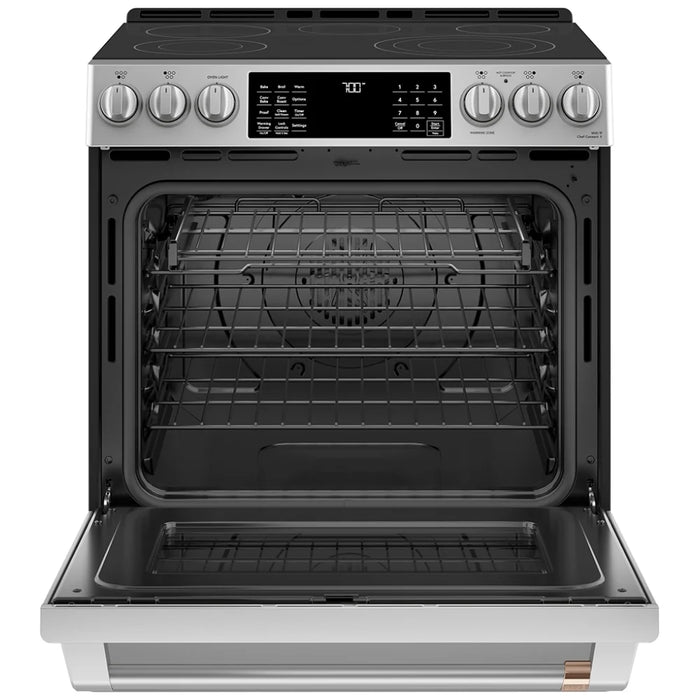 Cafe CCES700P2MS1 Electric Range, 5.7 cu. ft. Capacity, 30 inch Exterior Width, True Convection, 5 Burners, Warming Drawer, Air Fry, Self Clean, 3,600 Watts Highest Burner Element, Stainless Steel colour, Telescopic Gliding Extension Rack
