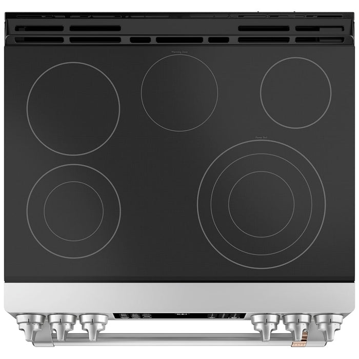 Cafe CCES700P2MS1 Electric Range, 5.7 cu. ft. Capacity, 30 inch Exterior Width, True Convection, 5 Burners, Warming Drawer, Air Fry, Self Clean, 3,600 Watts Highest Burner Element, Stainless Steel colour, Telescopic Gliding Extension Rack