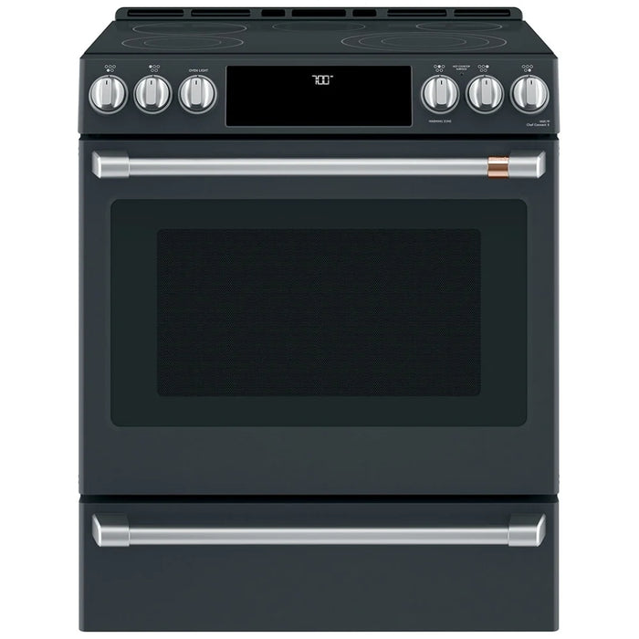 Cafe CCES700P3MD1 Electric Range, 5.7 cu. ft. Capacity, 30 inch Exterior Width, True Convection, 4 Burners, Warming Drawer, Air Fry, Self Clean, Matte Black colour True European Convection Mode, Self Clean Racks