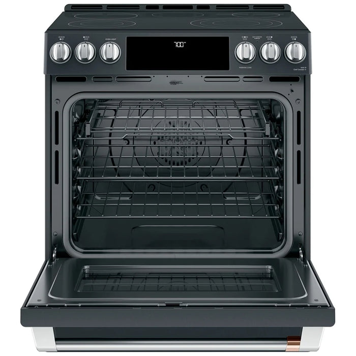 Cafe CCES700P3MD1 Electric Range, 5.7 cu. ft. Capacity, 30 inch Exterior Width, True Convection, 4 Burners, Warming Drawer, Air Fry, Self Clean, Matte Black colour True European Convection Mode, Self Clean Racks