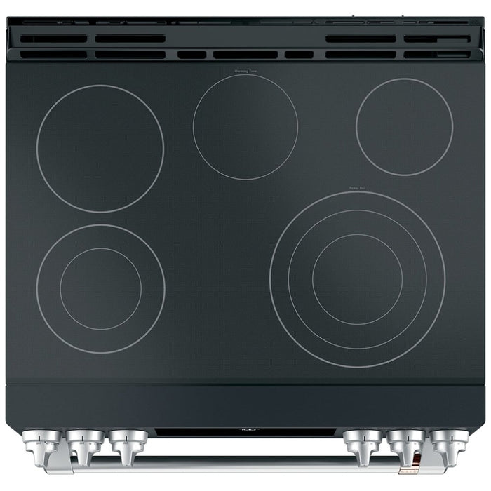 Cafe CCES700P3MD1 Electric Range, 5.7 cu. ft. Capacity, 30 inch Exterior Width, True Convection, 4 Burners, Warming Drawer, Air Fry, Self Clean, Matte Black colour True European Convection Mode, Self Clean Racks