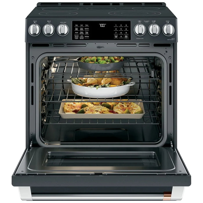 Cafe CCES700P3MD1 Electric Range, 5.7 cu. ft. Capacity, 30 inch Exterior Width, True Convection, 4 Burners, Warming Drawer, Air Fry, Self Clean, Matte Black colour True European Convection Mode, Self Clean Racks