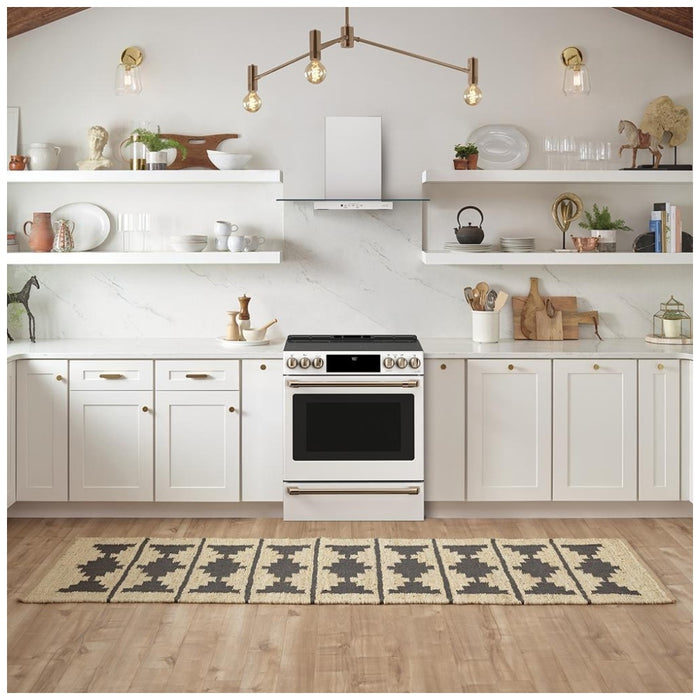 Cafe CCES700P4MW2 Electric Range, 5.7 cu. ft. Capacity, 30 inch Exterior Width, True Convection, 5 Burners, Warming Drawer, Air Fry, Self Clean, 3,600 Watts Highest Burner Element, Matte White colour Temperature Probe, Self Clean Racks