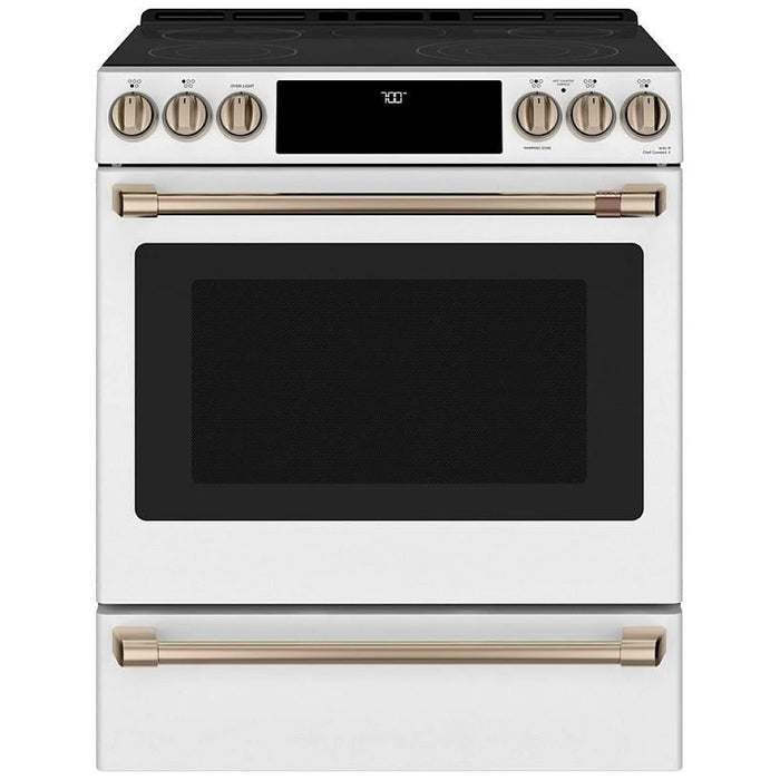 Cafe CCES700P4MW2 Electric Range, 5.7 cu. ft. Capacity, 30 inch Exterior Width, True Convection, 5 Burners, Warming Drawer, Air Fry, Self Clean, 3,600 Watts Highest Burner Element, Matte White colour Temperature Probe, Self Clean Racks