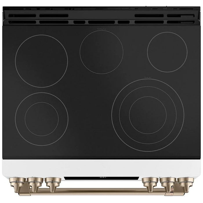 Cafe CCES700P4MW2 Electric Range, 5.7 cu. ft. Capacity, 30 inch Exterior Width, True Convection, 5 Burners, Warming Drawer, Air Fry, Self Clean, 3,600 Watts Highest Burner Element, Matte White colour Temperature Probe, Self Clean Racks