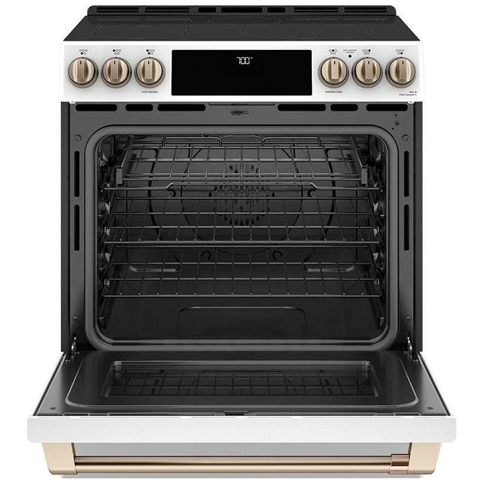 Cafe CCES700P4MW2 Electric Range, 5.7 cu. ft. Capacity, 30 inch Exterior Width, True Convection, 5 Burners, Warming Drawer, Air Fry, Self Clean, 3,600 Watts Highest Burner Element, Matte White colour Temperature Probe, Self Clean Racks