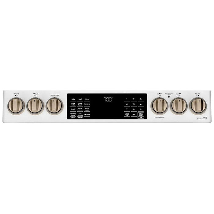 Cafe CCES700P4MW2 Electric Range, 5.7 cu. ft. Capacity, 30 inch Exterior Width, True Convection, 5 Burners, Warming Drawer, Air Fry, Self Clean, 3,600 Watts Highest Burner Element, Matte White colour Temperature Probe, Self Clean Racks
