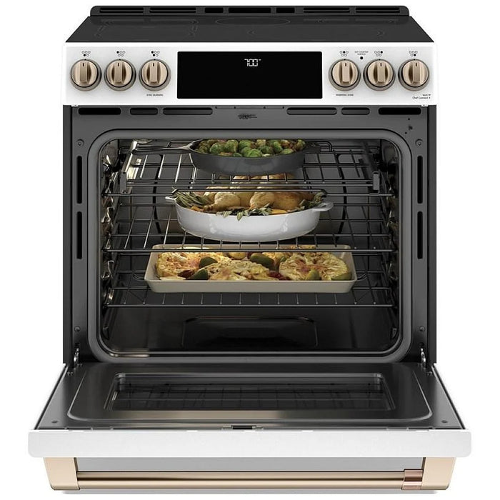Cafe CCES700P4MW2 Electric Range, 5.7 cu. ft. Capacity, 30 inch Exterior Width, True Convection, 5 Burners, Warming Drawer, Air Fry, Self Clean, 3,600 Watts Highest Burner Element, Matte White colour Temperature Probe, Self Clean Racks