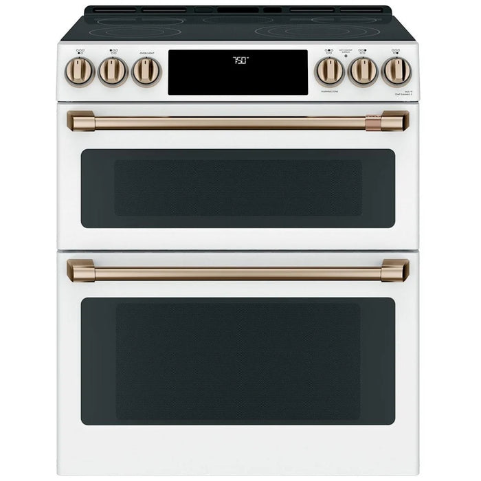 Cafe CCES750P4MW2 Electric Range, 7 cu. ft. Capacity, 30 inch Exterior Width, Convection, 5 Burners, Air Fry, Self Clean, Double Oven, 3,600 Watts Highest Burner Element, Matte White colour Telescopic Gliding Extension Rack, Self Clean Racks