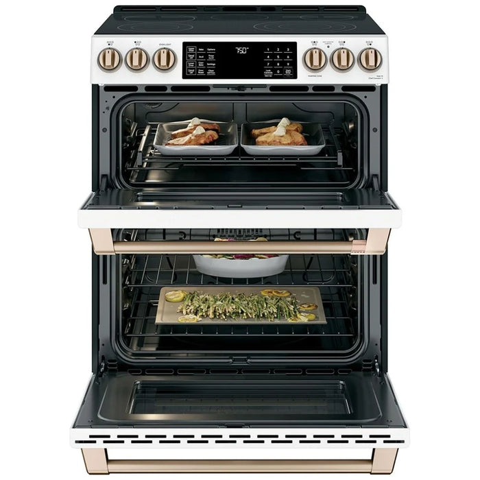 Cafe CCES750P4MW2 Electric Range, 7 cu. ft. Capacity, 30 inch Exterior Width, Convection, 5 Burners, Air Fry, Self Clean, Double Oven, 3,600 Watts Highest Burner Element, Matte White colour Telescopic Gliding Extension Rack, Self Clean Racks