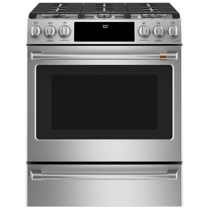 Cafe CCGS700P2MS1 Gas Range, 5.6 cu. ft. Capacity, 30 inch Exterior Width, Self Clean, True Convection, 6 Burners, Storage Drawer, Air Fry, 21,000 BTU Highest Burner, Stainless Steel colour True European Convection, Self Clean Racks