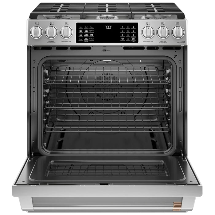 Cafe CCGS700P2MS1 Gas Range, 5.6 cu. ft. Capacity, 30 inch Exterior Width, Self Clean, True Convection, 6 Burners, Storage Drawer, Air Fry, 21,000 BTU Highest Burner, Stainless Steel colour True European Convection, Self Clean Racks