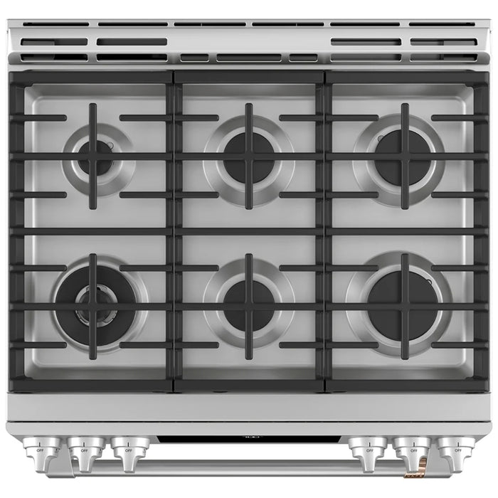 Cafe CCGS700P2MS1 Gas Range, 5.6 cu. ft. Capacity, 30 inch Exterior Width, Self Clean, True Convection, 6 Burners, Storage Drawer, Air Fry, 21,000 BTU Highest Burner, Stainless Steel colour True European Convection, Self Clean Racks