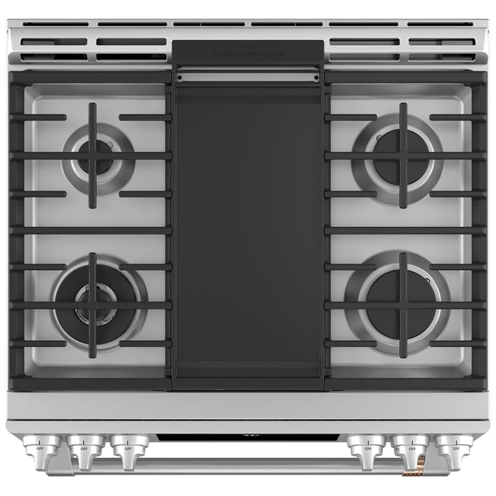 Cafe CCGS700P2MS1 Gas Range, 5.6 cu. ft. Capacity, 30 inch Exterior Width, Self Clean, True Convection, 6 Burners, Storage Drawer, Air Fry, 21,000 BTU Highest Burner, Stainless Steel colour True European Convection, Self Clean Racks
