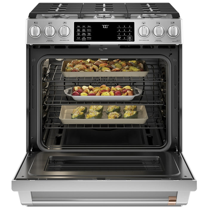 Cafe CCGS700P2MS1 Gas Range, 5.6 cu. ft. Capacity, 30 inch Exterior Width, Self Clean, True Convection, 6 Burners, Storage Drawer, Air Fry, 21,000 BTU Highest Burner, Stainless Steel colour True European Convection, Self Clean Racks