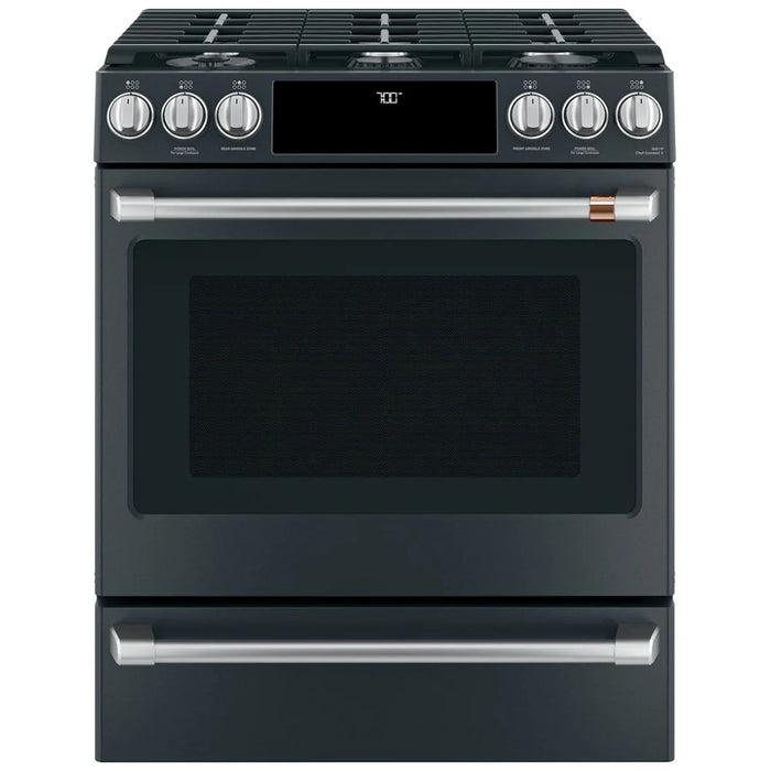 Cafe CCGS700P3MD1 Gas Range, 5.6 cu. ft. Capacity, 30 inch Exterior Width, Self Clean, True Convection, 6 Burners, Storage Drawer, Air Fry, 21,000 BTU Highest Burner, Matte Black colour True European Convection, Self Clean Racks