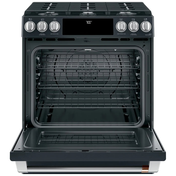 Cafe CCGS700P3MD1 Gas Range, 5.6 cu. ft. Capacity, 30 inch Exterior Width, Self Clean, True Convection, 6 Burners, Storage Drawer, Air Fry, 21,000 BTU Highest Burner, Matte Black colour True European Convection, Self Clean Racks