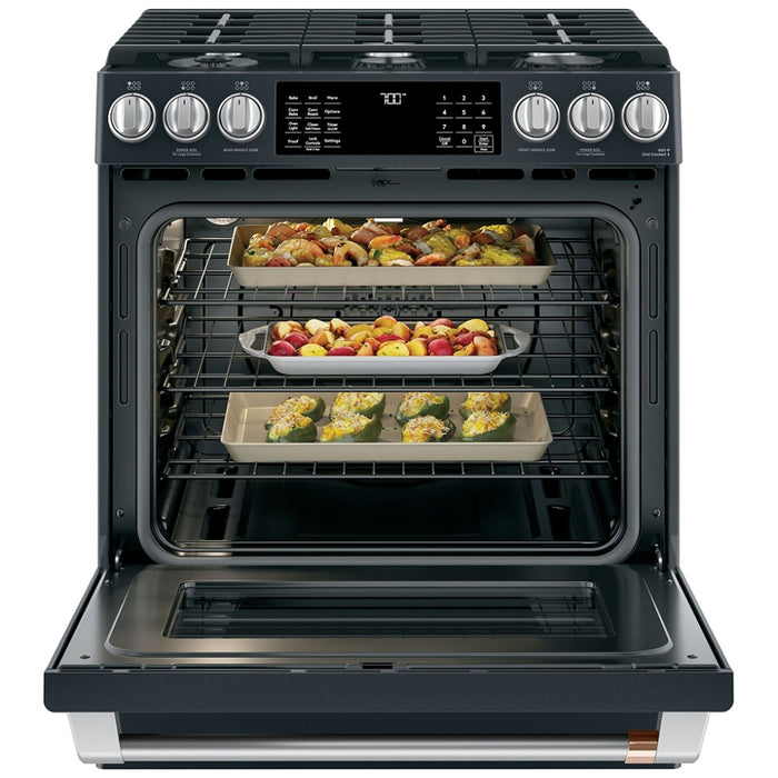 Cafe CCGS700P3MD1 Gas Range, 5.6 cu. ft. Capacity, 30 inch Exterior Width, Self Clean, True Convection, 6 Burners, Storage Drawer, Air Fry, 21,000 BTU Highest Burner, Matte Black colour True European Convection, Self Clean Racks